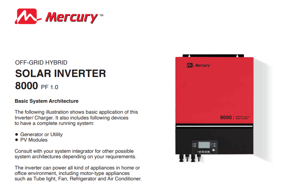 Mercury Solar Hybrid Inverter 8KVA MPPT