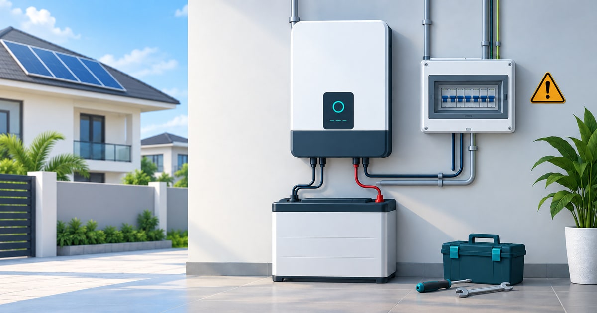 Modern minimalist vector illustration for a Nigerian solar energy blog article about DIY solar inverter installation. Show a clean wall-mounted solar inverter with a battery and simplified solar panel connection, positioned beside a neat residential electrical distribution board. Include a subtle tool kit with screwdriver and wrench near the inverter to suggest self-installation, plus a small amber warning triangle near the electrical wiring to communicate safety and technical risk. Use a simplified modern Nigerian residential compound or apartment setting in the background, kept very subtle and uncluttered. Deep blue, teal, green, soft gray, and white color palette with restrained amber accents. Soft gradients, gentle shadows, minimal depth, crisp vector shapes, balanced composition, generous negative space, premium renewable-energy blog aesthetic. Strong single focal concept that remains clear at thumbnail size. No people, no text, no logos, no watermark, no photorealism, no clutter. EXPORT: JPEG (sRGB), 1200×630, high quality FILENAME: Can You Install a Solar Inverter Yourself in Nigeria?.jpeg WEB-SAFE SLUG: can-you-install-a-solar-inverter-yourself-in-nigeria